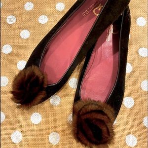 Black Italian Suede Ballerina Flats with Brown Mink Pom Pom